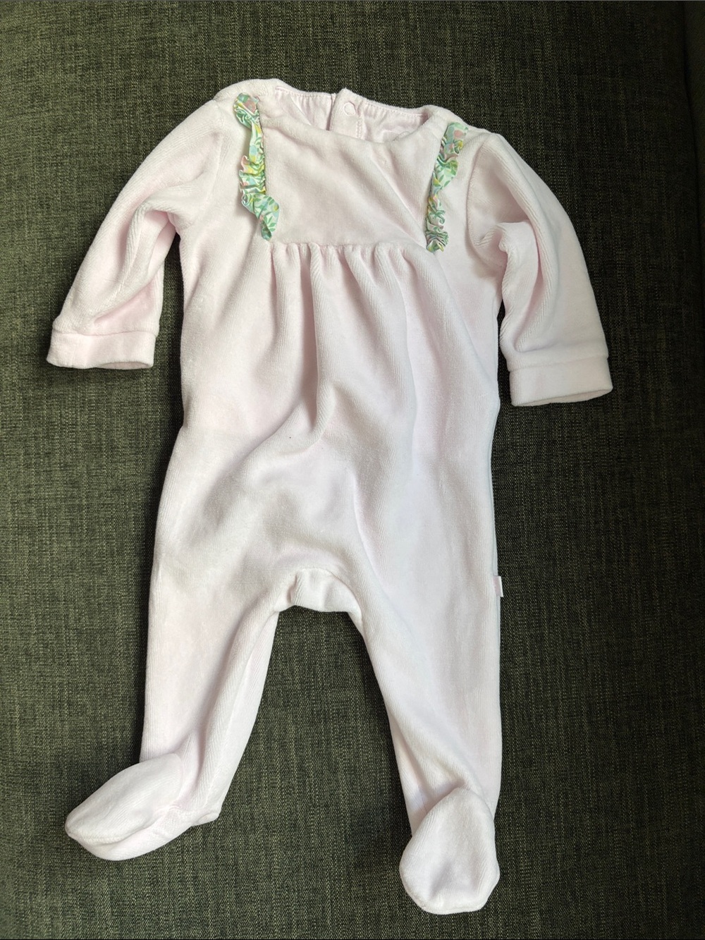 Jacadi 1M Pink Velour Footed One-Piece with Floral Ruffles